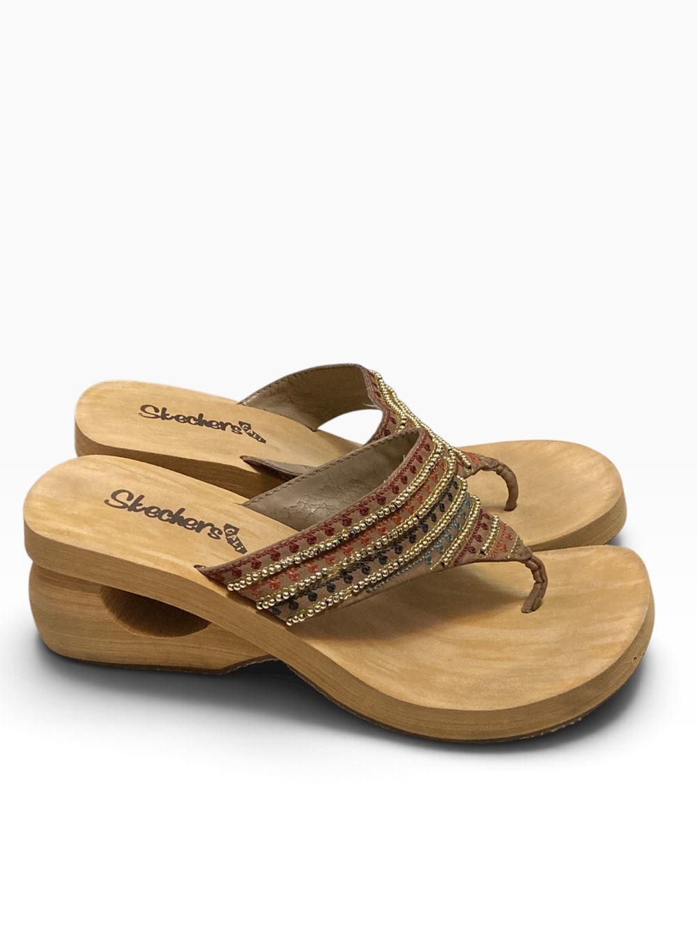 Skechers Tan Wedge Thong Sandals with Multicolor Beaded Straps